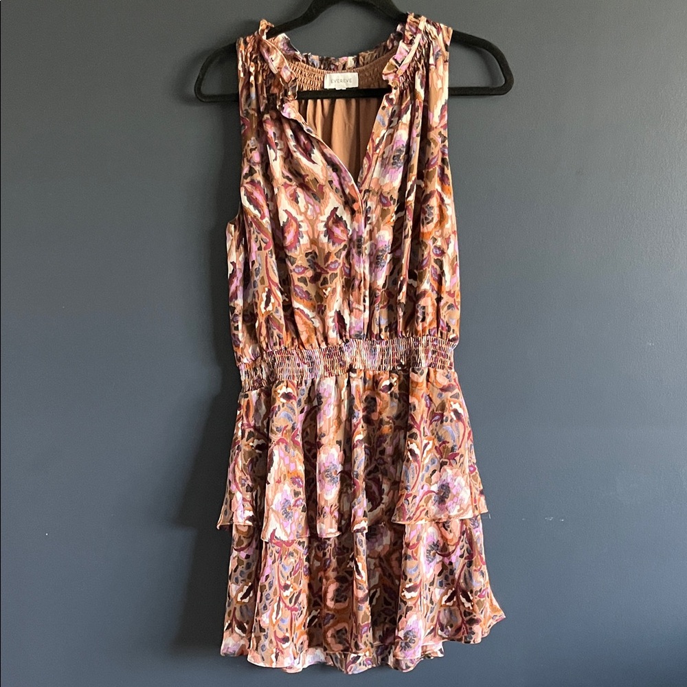 Evereve Tan Floral Ruffle Mini Dress